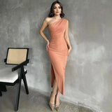 One Shoulder Summer Elegant Sexy Sleeveless Ruched Charming Stylish Maxi Dress