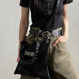 Grunge Black Gothic Dark PU Leather Large Capacity Vintage Rivet Messenger Bag