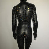 Bling Rhinestones Fishnet Mini Dress Women Sexy Long Sleeve Crystal Dress