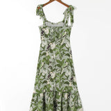 Elegant Ruffle Hem Beach Summer Dress Sweetheart Neck Tie Strap Midi Dress