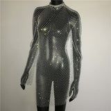 Bling Rhinestones Fishnet Mini Dress Women Sexy Long Sleeve Crystal Dress