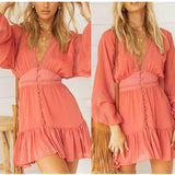 V Neck Women's Spring Summer Dress Lace Long Sleeve Mini Party Dress