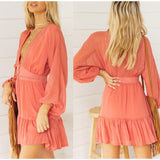 V Neck Women's Spring Summer Dress Lace Long Sleeve Mini Party Dress