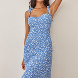 Elegant Ruffle Hem Floral Chiffon Midi Dress Neck Strap Tie Sexy Slip Dress