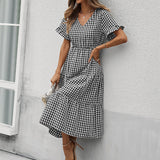 Vintage Plaid Slim Ruffles High Waist Midi Sundress