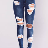 Women's Jeans European and American Stretch Cotton Holes Pencil Feet Pants High Waisted Jeans