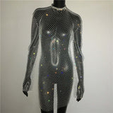 Bling Rhinestones Fishnet Mini Dress Women Sexy Long Sleeve Crystal Dress