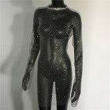 Bling Rhinestones Fishnet Mini Dress Women Sexy Long Sleeve Crystal Dress