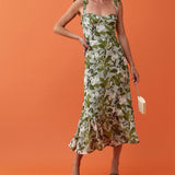 Elegant Ruffle Hem Beach Summer Dress Sweetheart Neck Tie Strap Midi Dress