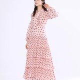 Long Sleeves Floral Printed Ruffles Elegant Casual Maxi Dress