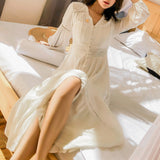 Women Cotton Patchwork Lace Dresses V-Neck Lantern Sleeve Maxi Dress