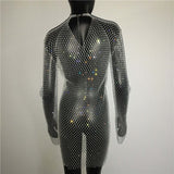 Bling Rhinestones Fishnet Mini Dress Women Sexy Long Sleeve Crystal Dress