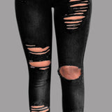 Women's Jeans European and American Stretch Cotton Holes Pencil Feet Pants High Waisted Jeans