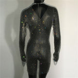 Bling Rhinestones Fishnet Mini Dress Women Sexy Long Sleeve Crystal Dress