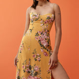 Vintage Midi Dress Side High Slit Sexy Spaghetti Strap Dress