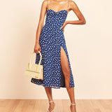 Neck Sleeveless Print Chiffon Midi Dress Strap Side High Slit Sexy Dress