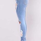 Women's Jeans European and American Stretch Cotton Holes Pencil Feet Pants High Waisted Jeans