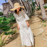 Women Cotton Patchwork Lace Dresses V-Neck Lantern Sleeve Maxi Dress