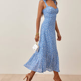 Elegant Ruffle Hem Floral Chiffon Midi Dress Neck Strap Tie Sexy Slip Dress