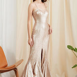 Women's Party Dresses Spaghetti Straps Heavy Sequined Ruffles Sexy Split Fashion Prom Long Designer Dresses