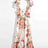 Print Beach Dress Sweetheart Neck Strap Elegant Vintage Chiffon Midi Dress