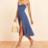 Neck Sleeveless Print Chiffon Midi Dress Strap Side High Slit Sexy Dress