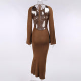 Solid knitted open back flared long sleeve maxi dress