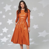 Fit And Flare Winter Dress a Line Pockets Pu Leather Midi Dress