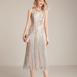 Women's Runway Dresses O Neck Sleeveless Sequined Bodice Tassels Detailing Elegant Fashion Mid Calf Party Prom