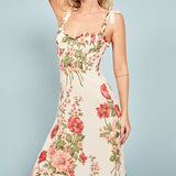 Print Beach Dress Sweetheart Neck Strap Elegant Vintage Chiffon Midi Dress