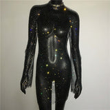 Bling Rhinestones Fishnet Mini Dress Women Sexy Long Sleeve Crystal Dress
