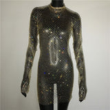 Bling Rhinestones Fishnet Mini Dress Women Sexy Long Sleeve Crystal Dress