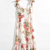 Print Beach Dress Sweetheart Neck Strap Elegant Vintage Chiffon Midi Dress