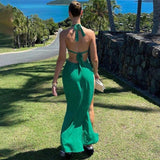 Solid Sexy Open Back Halter Split Maxi Dress