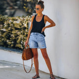 Women Casual Loose Elastic High Waist Wide Leg Straight Short Jeans Streetwear