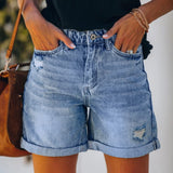 Women Casual Loose Elastic High Waist Wide Leg Straight Short Jeans Streetwear