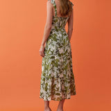 Elegant Ruffle Hem Beach Summer Dress Sweetheart Neck Tie Strap Midi Dress