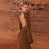 Solid knitted open back flared long sleeve maxi dress