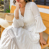 Women Cotton Patchwork Lace Dresses V-Neck Lantern Sleeve Maxi Dress