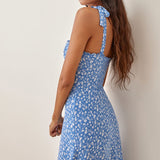 Elegant Ruffle Hem Floral Chiffon Midi Dress Neck Strap Tie Sexy Slip Dress