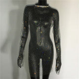 Bling Rhinestones Fishnet Mini Dress Women Sexy Long Sleeve Crystal Dress