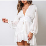 V Neck Women's Spring Summer Dress Lace Long Sleeve Mini Party Dress