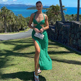 Solid Sexy Open Back Halter Split Maxi Dress