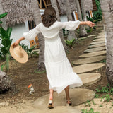 Women Cotton Patchwork Lace Dresses V-Neck Lantern Sleeve Maxi Dress