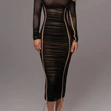 Amelisse - Off-Shoulder Two-Layer Mesh Midi Dress