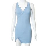 Split Button Sleeveless V Neck Bodycon Mini Dress