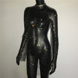 Bling Rhinestones Fishnet Mini Dress Women Sexy Long Sleeve Crystal Dress