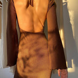 Solid knitted open back flared long sleeve maxi dress
