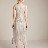 Women's Runway Dresses O Neck Sleeveless Sequined Bodice Tassels Detailing Elegant Fashion Mid Calf Party Prom