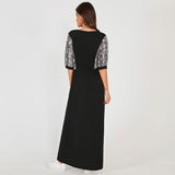 Summer New Women Long Dress Black Casual Fashion Snake Print Stitching Elastic Waist O-neck Half Sleeve Maxi Dresses Robe